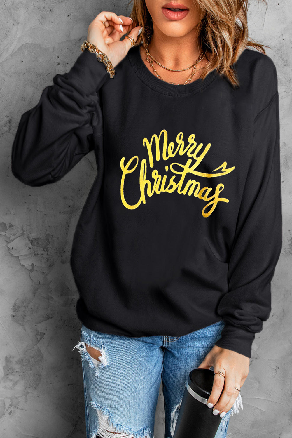 Black Merry Christmas Letter Graphic Sweatshirt