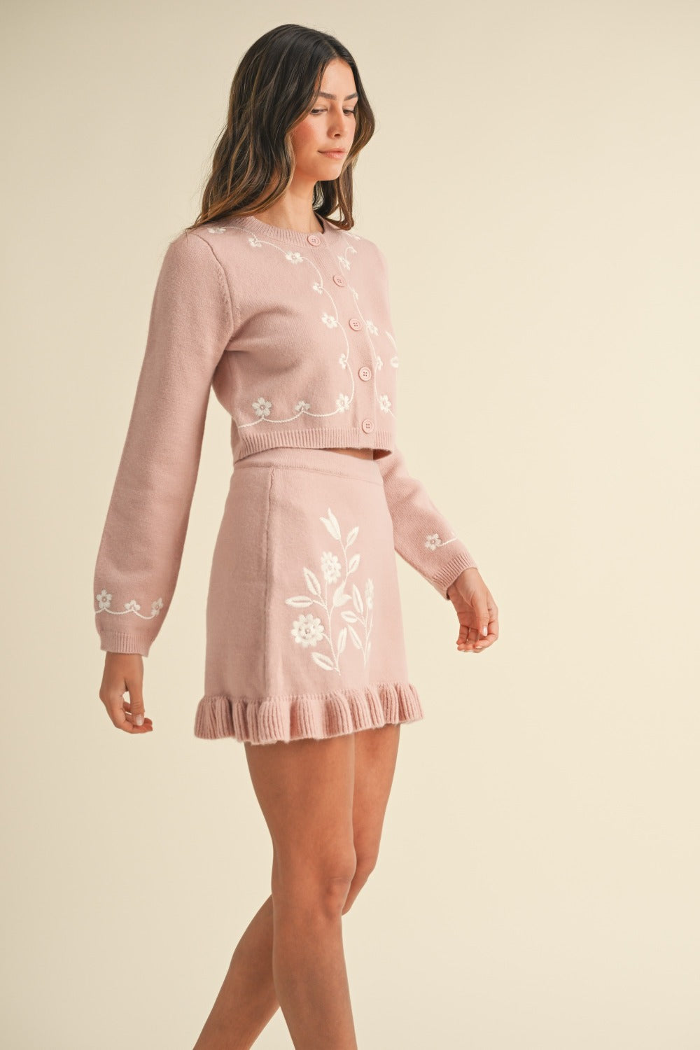 MABLE Floral Embroidered Crop Cardigan and Ruffled Mini Skirt Set | Maekery Studio