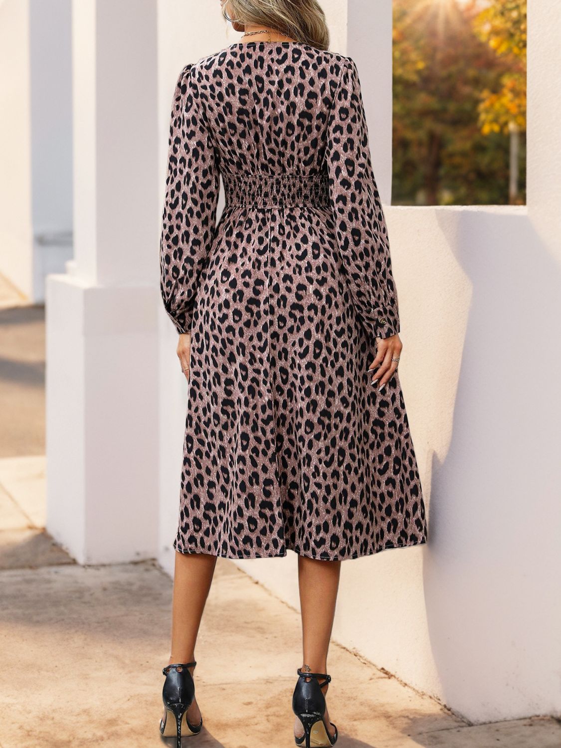 Perfee Leopard Surplice Long Sleeve Midi Dress | Maekery Studio