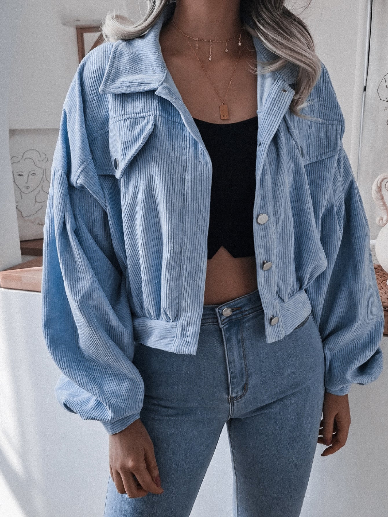 Lantern Sleeve Cropped Corduroy Jacket | Maekery Studio