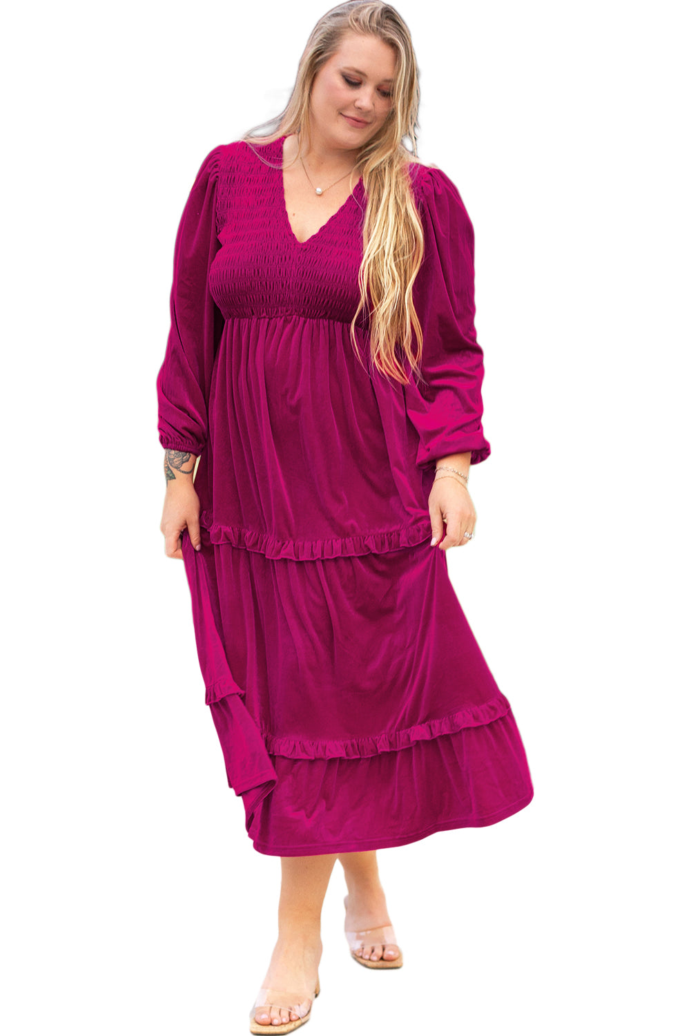 Rose Red Smocked V Neck Tiered Ruffle Velvet Plus Size Maxi Dress | Maekery Studio