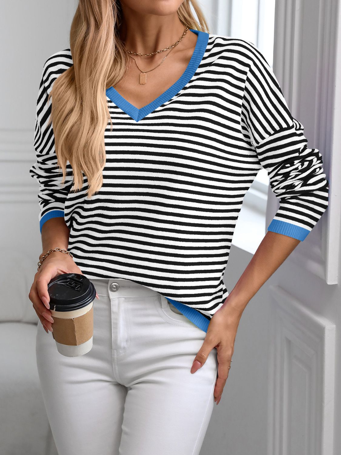 Contrast Trim Striped V-Neck Long Sleeve Knit Top | Maekery Studio