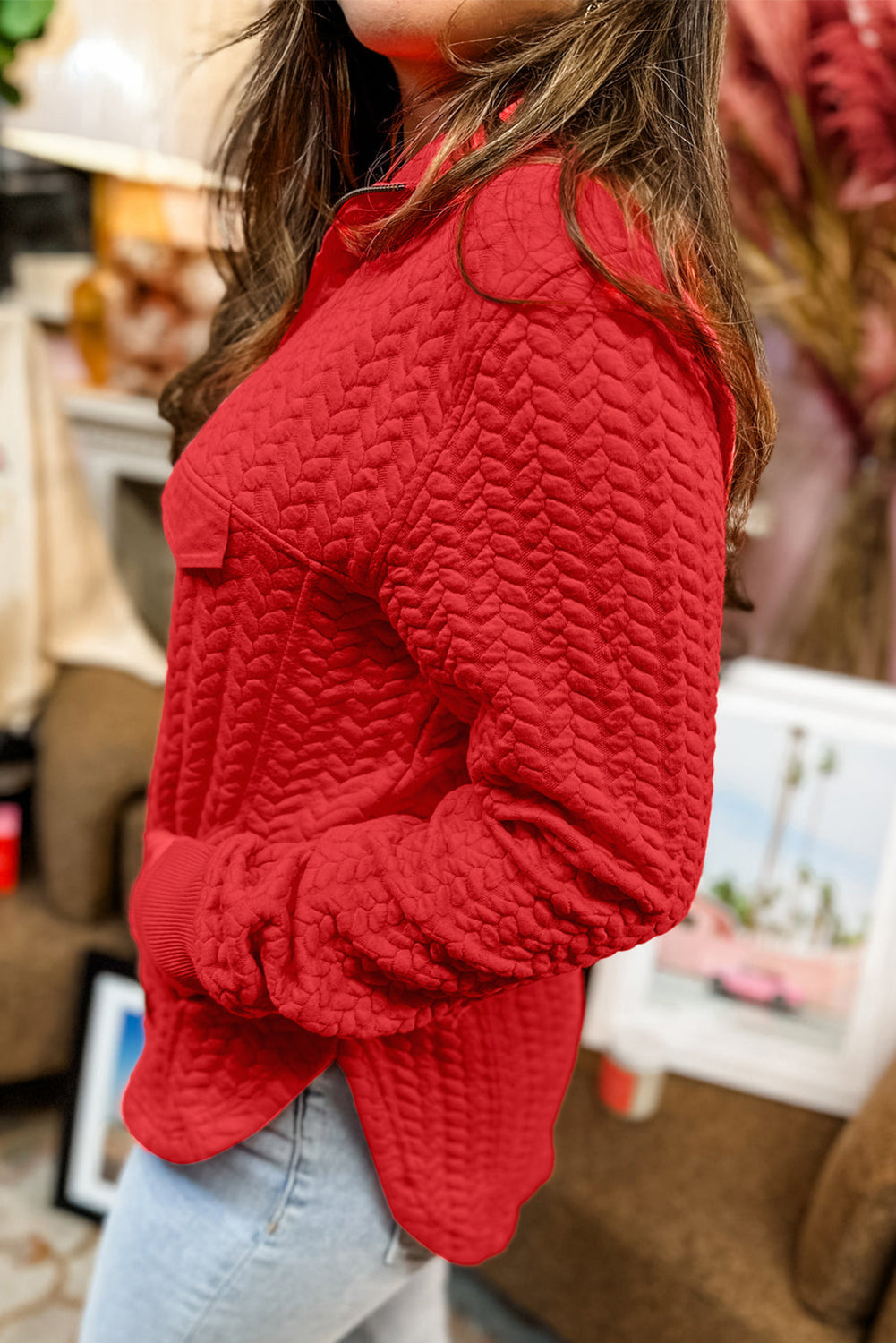 Tomato Red Textured Quarter Zip Plus Size Pullover | Maekery Studio