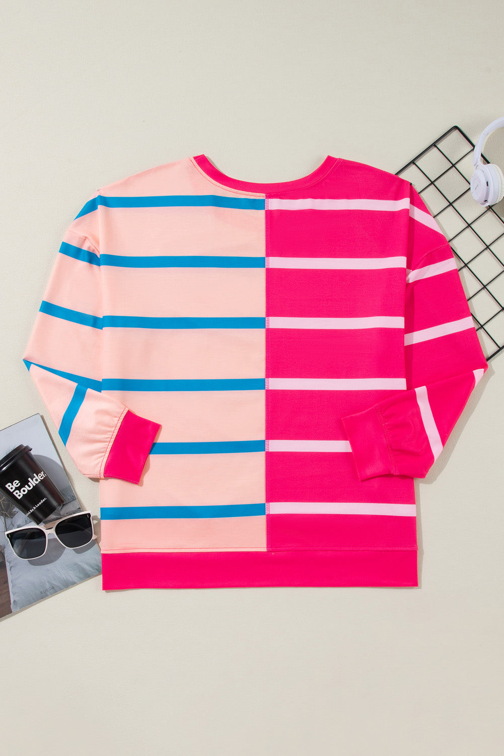 Rose Stripe Color Block Crewneck Long Sleeve Plus Size T Shirt | Maekery Studio