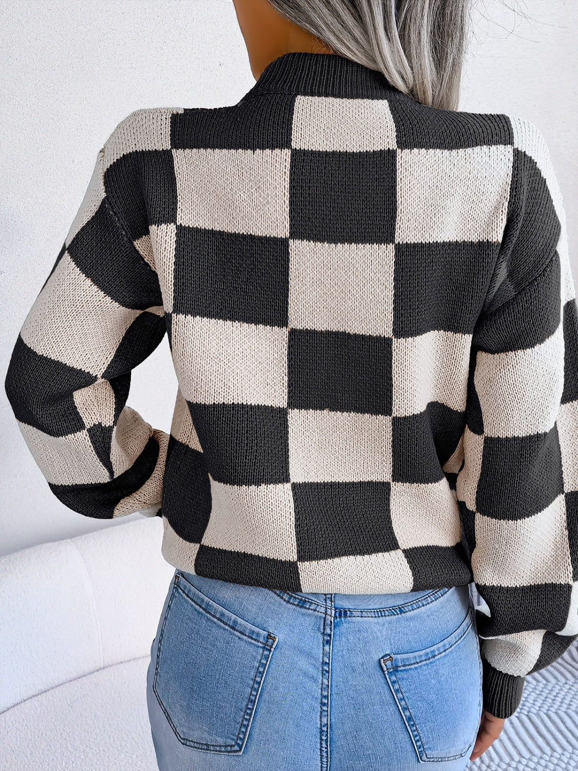 Checkered Mock Neck Long Sleeve Sweater | Maekery Studio