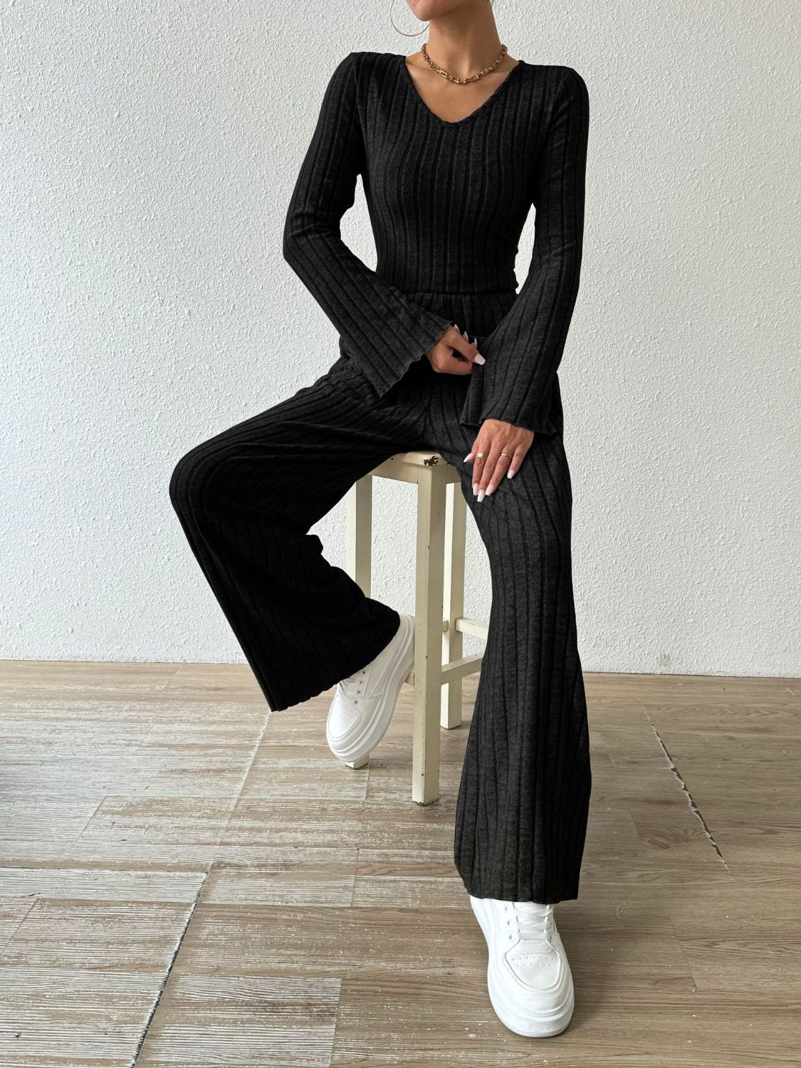 Ribbed V-Neck Long Sleeve Top and Pocketed Pants Set | Maekery Studio