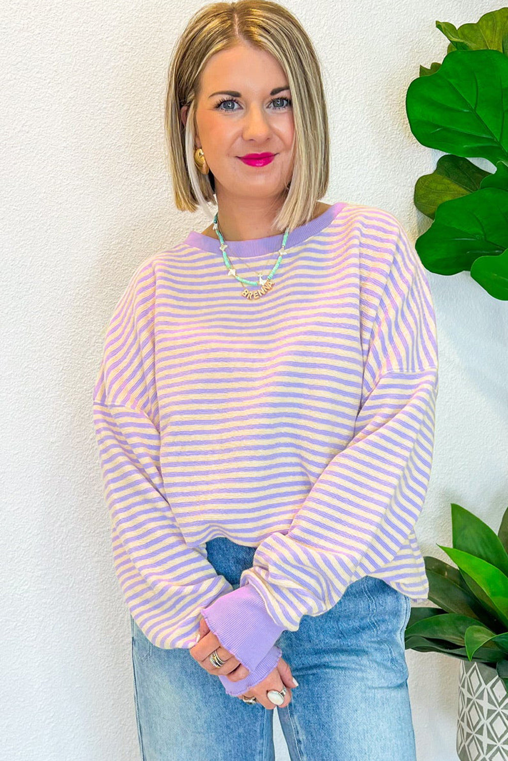 Purple Stripe Drop Shoulder Long Sleeve Top