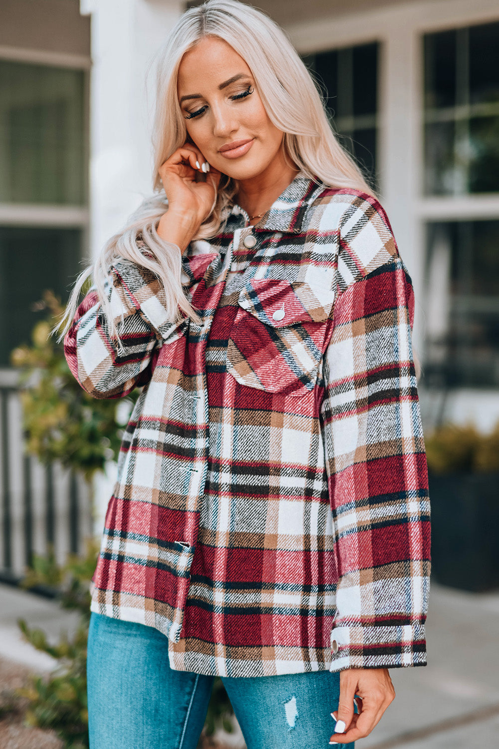 Plaid Button Front Shirt Jacket with Breast Pockets | Maekery Studio