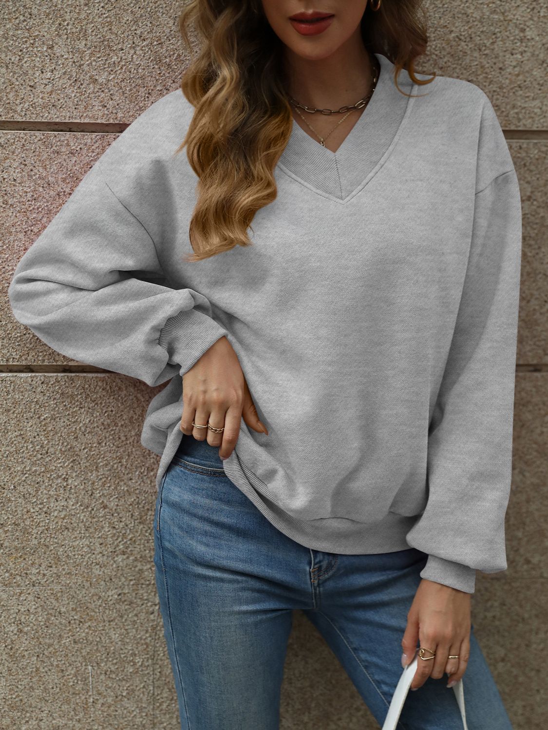 V-Neck Long Sleeve Dropped Shoulder Sweatshirt | Maekery Studio