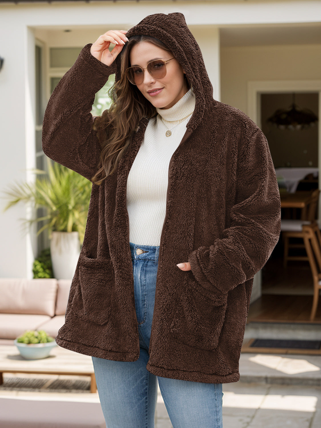 Plus Size Zip Up Long Sleeve Hooded Outerwear | Maekery Studio