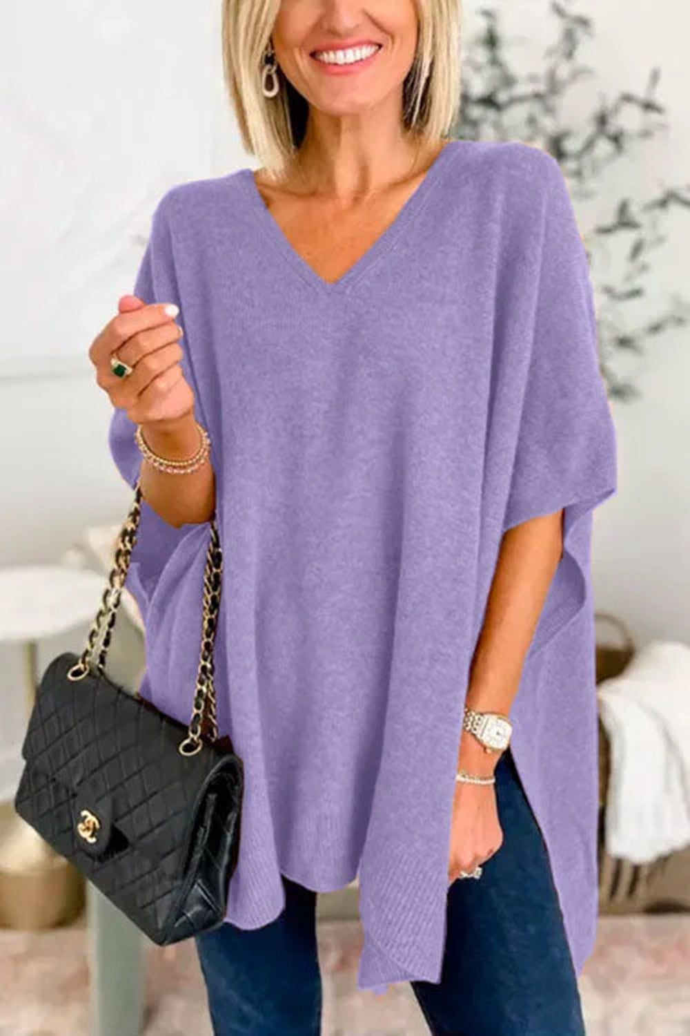 Slit V-Neck Half Sleeve Knit Top | Maekery Studio