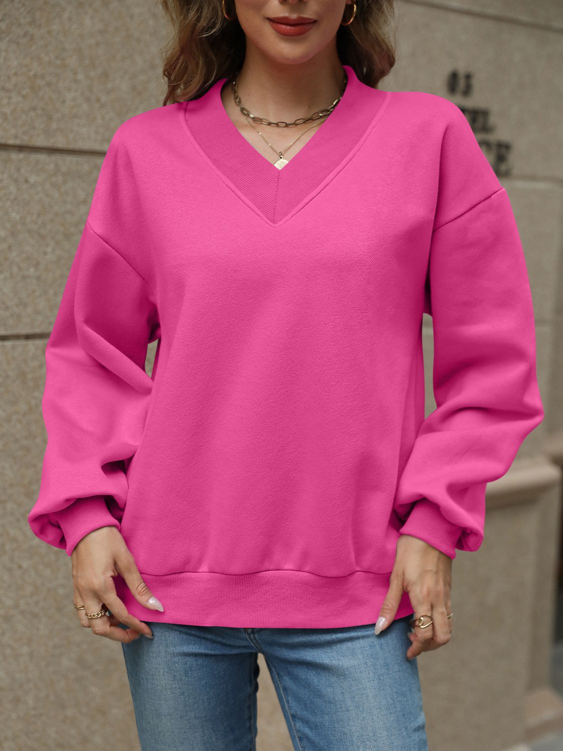 V-Neck Long Sleeve Dropped Shoulder Sweatshirt | Maekery Studio