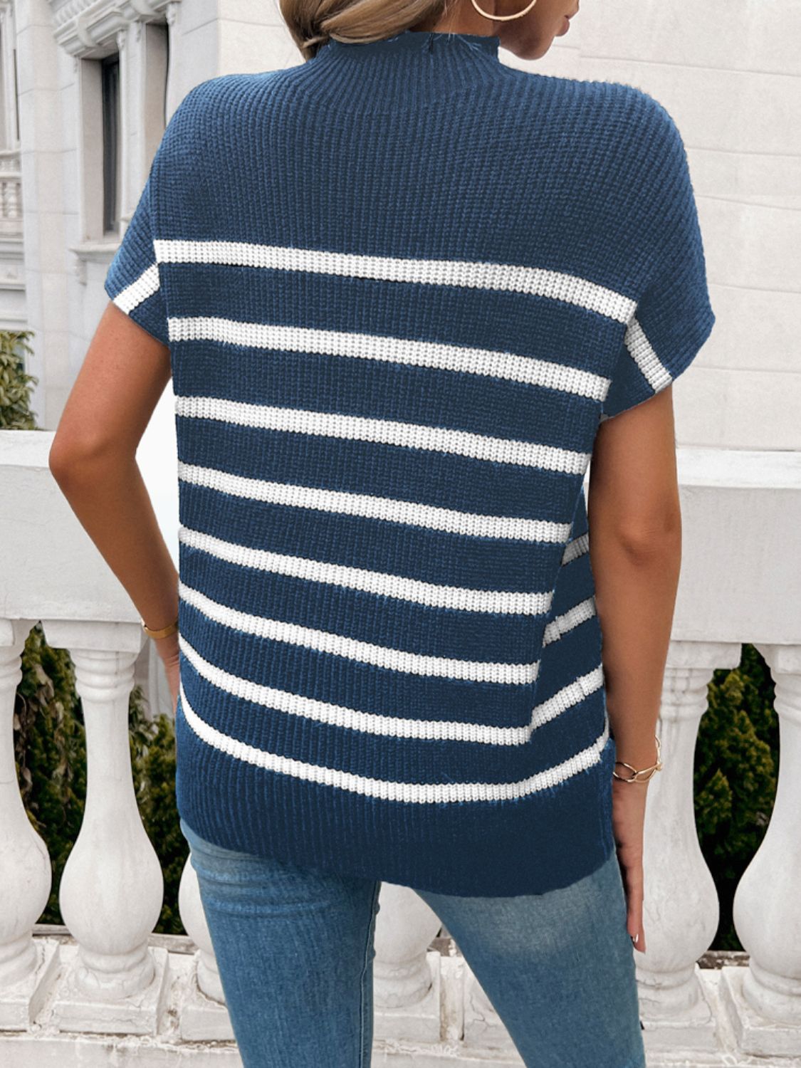 Devine Striped Mock Neck Short Sleeve Sweater | Maekery Studio