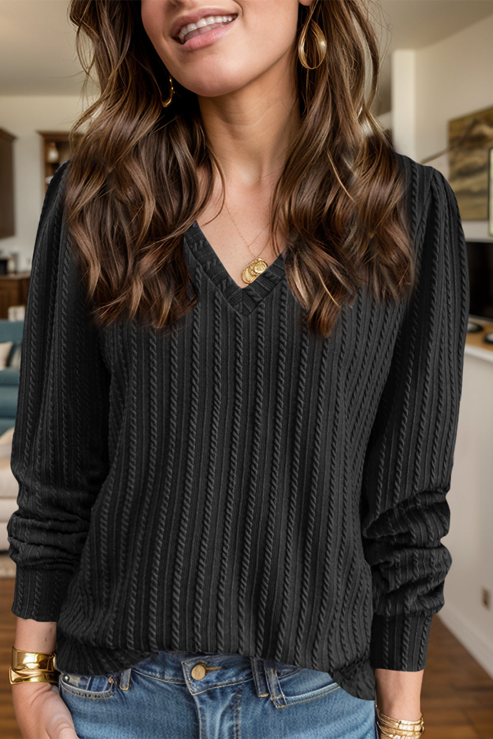 Textured V-Neck Long Sleeve T-Shirt | Maekery Studio