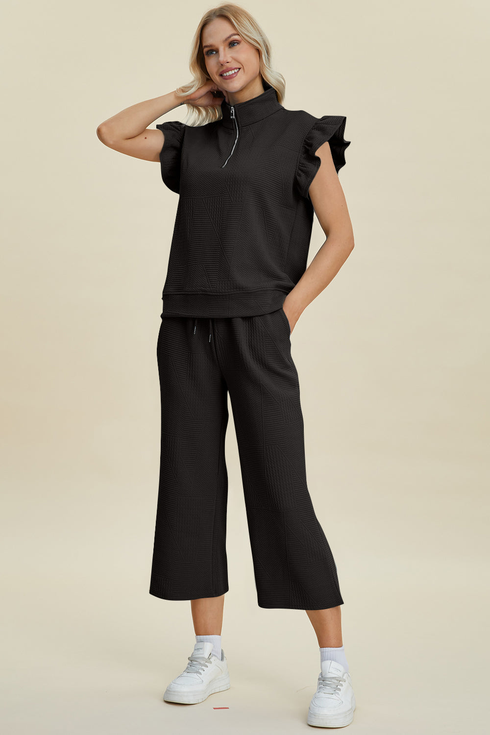 Double Take Full Size Texture Ruffle Short Sleeve Top and Wide Leg Pants Set | Maekery Studio