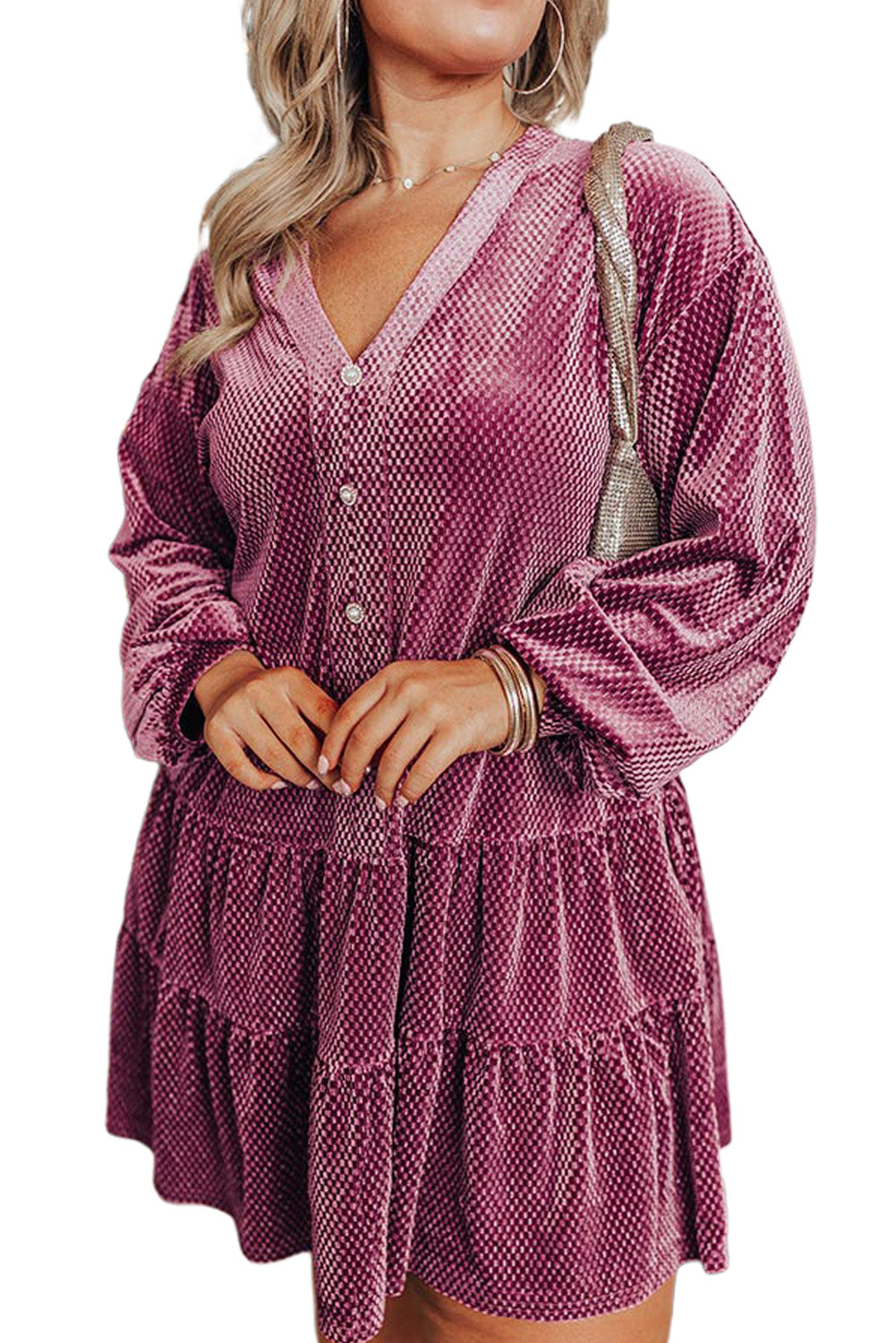 Meadow Mauve Textured Velvet Buttons Tiered Plus Size Dress | Maekery Studio