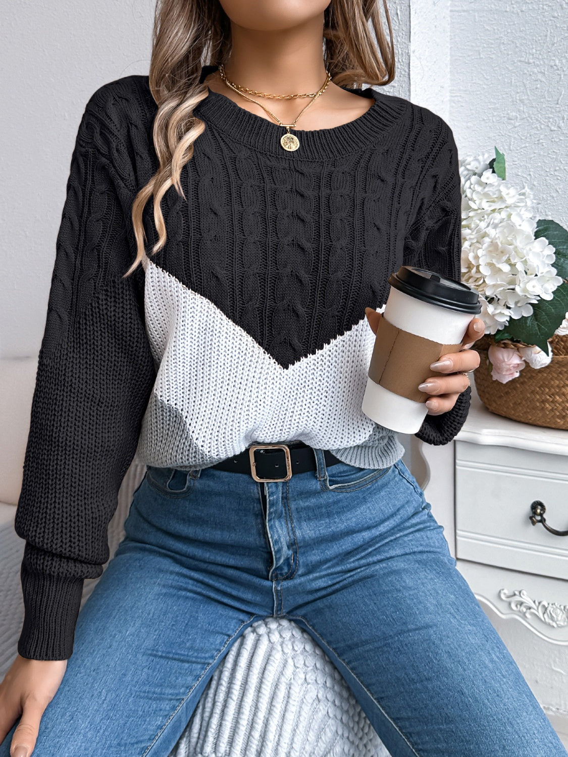 Cable-Knit Color Block Round Neck Sweater | Maekery Studio