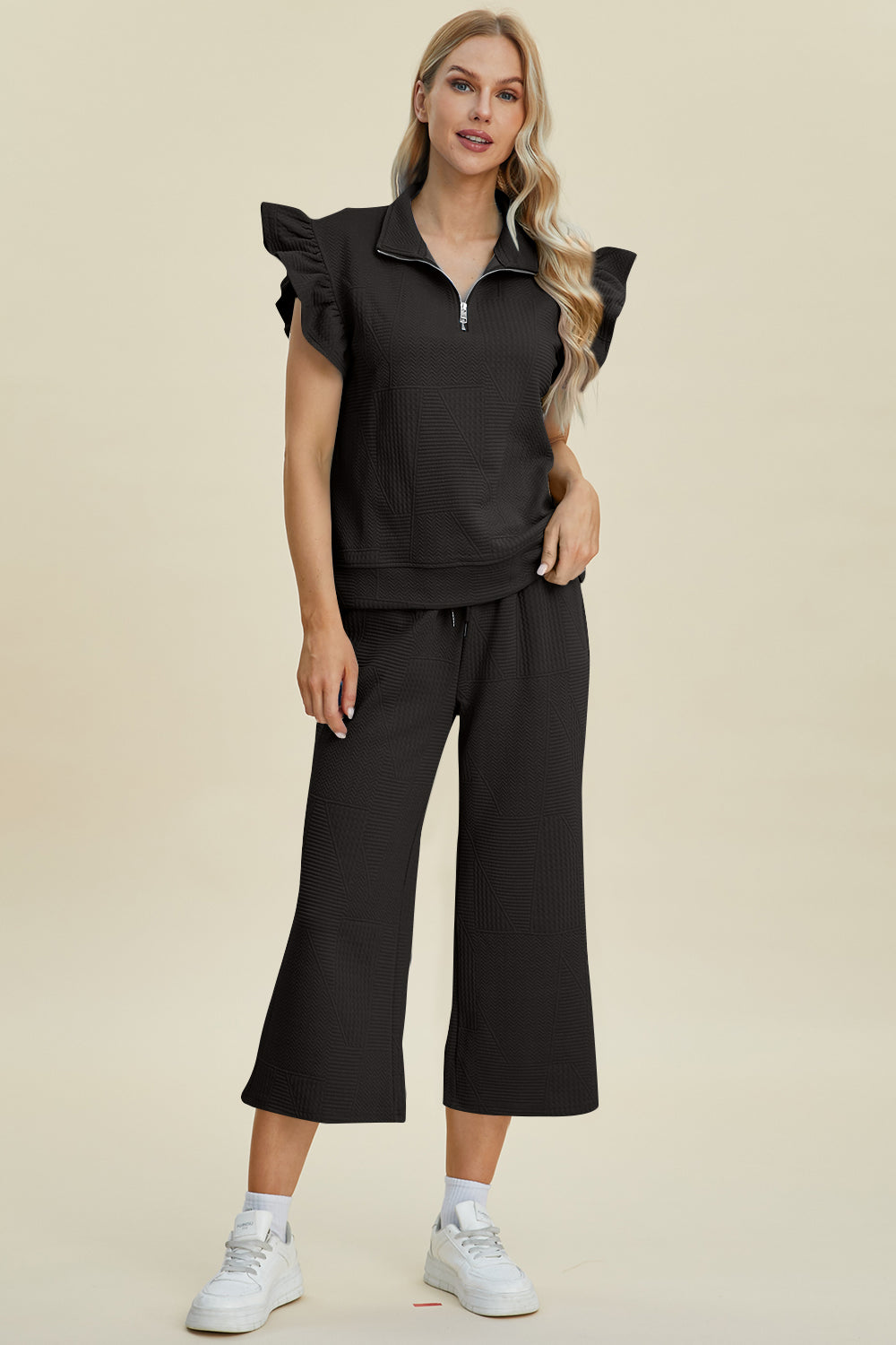 Double Take Full Size Texture Ruffle Short Sleeve Top and Wide Leg Pants Set | Maekery Studio