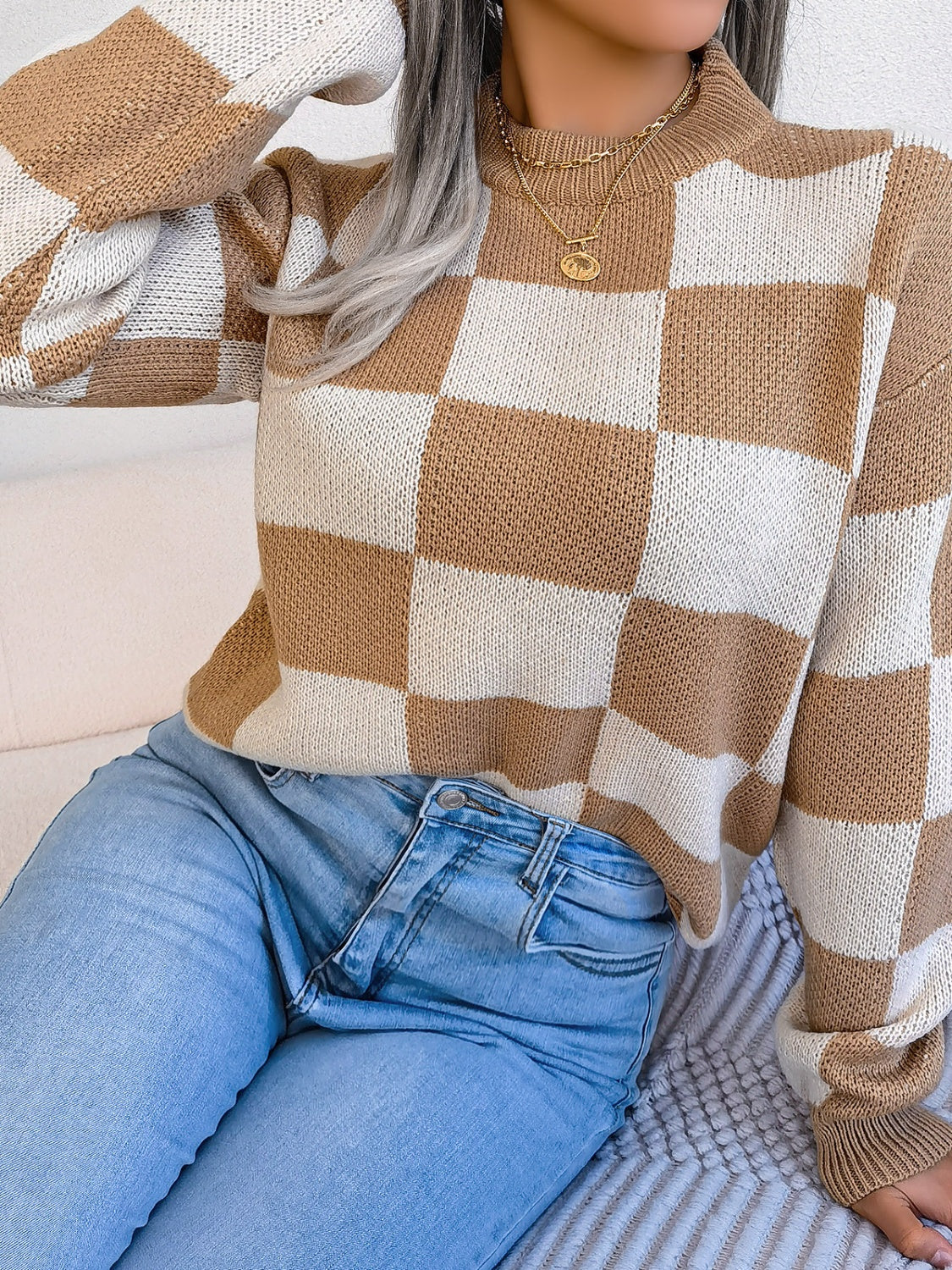 Checkered Mock Neck Long Sleeve Sweater | Maekery Studio