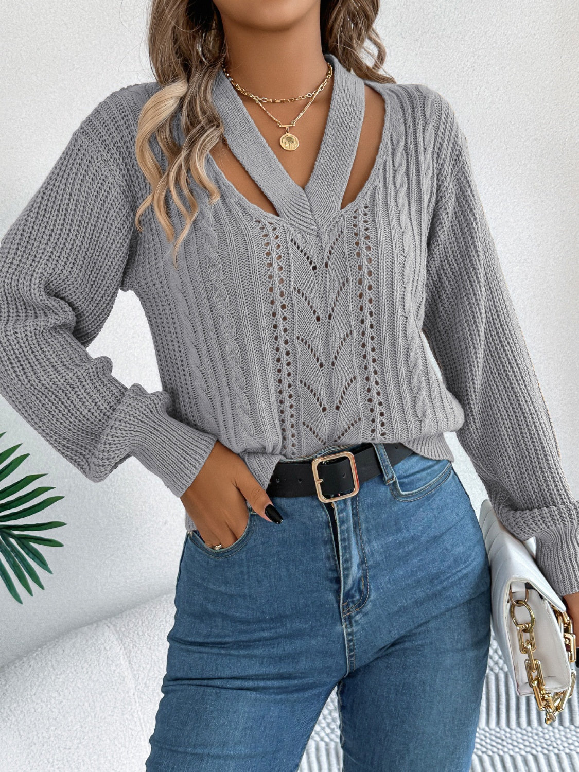 Cutout V-Neck Long Sleeve Sweater | Maekery Studio