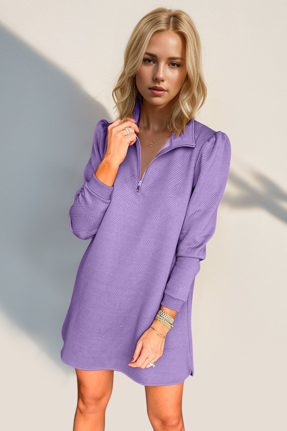 Double Take Textured Quarter Zip Long Sleeve Dress | Maekery Studio