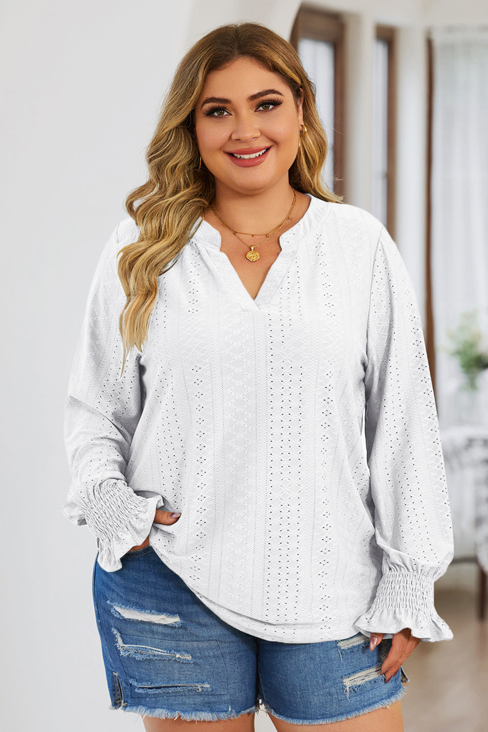 Plus Size Eyelet Notched Flounce Sleeve Blouse | Maekery Studio