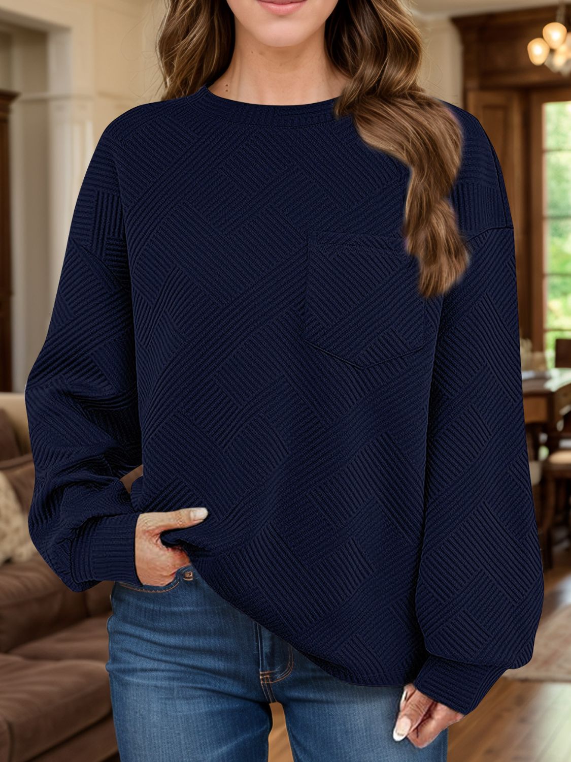 Full Size Texture Round Neck Long Sleeve Sweatshirt | Maekery Studio