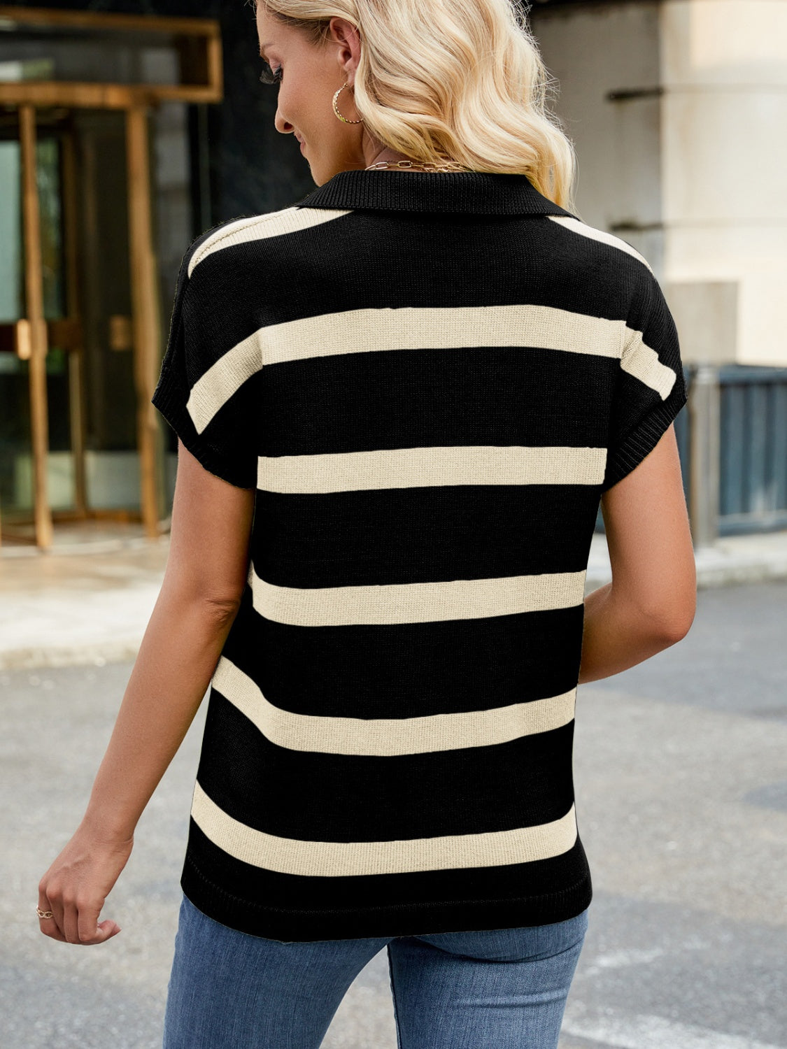 Striped Johnny Collar Cap Sleeve Sweater | Maekery Studio