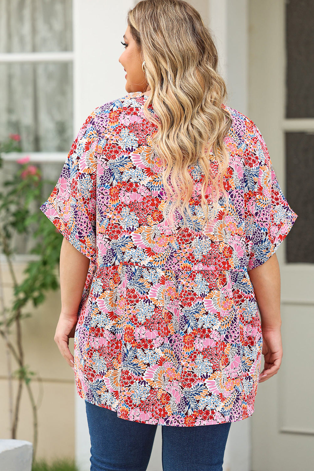 Plus Size Printed Notched Neck Half Sleeve Top | Maekery Studio