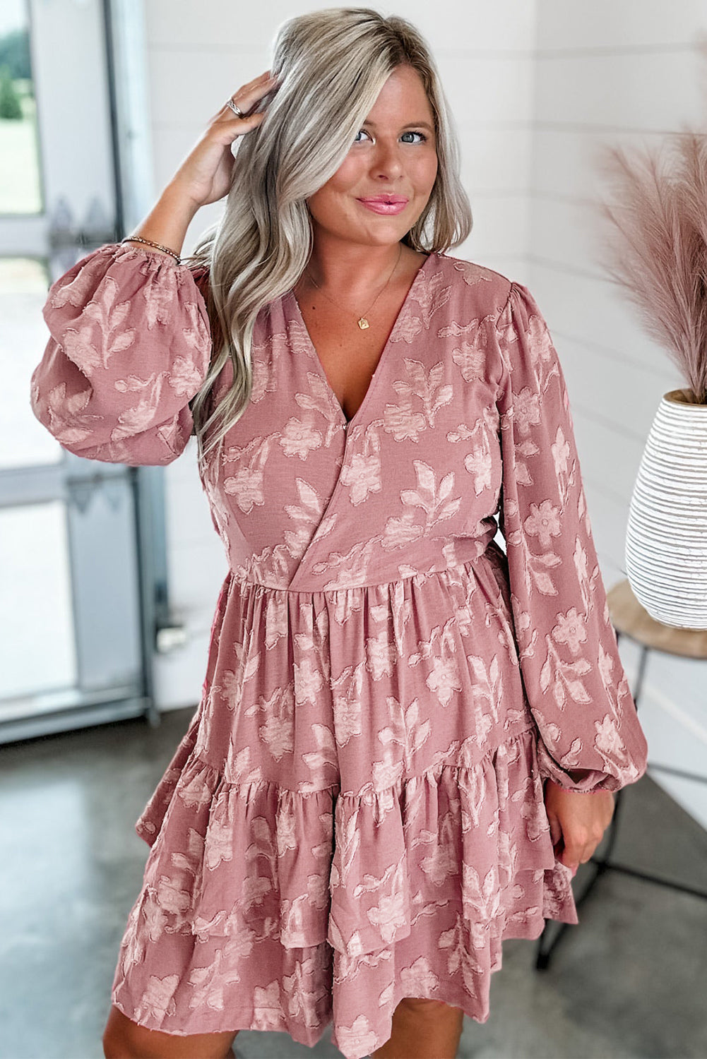 Peach Blossom Floral Surplice V Neck Tiered Ruffle Plus Size Dress