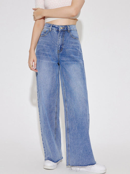 High Waist Straight Leg Jeans with Pockets | Maekery Studio