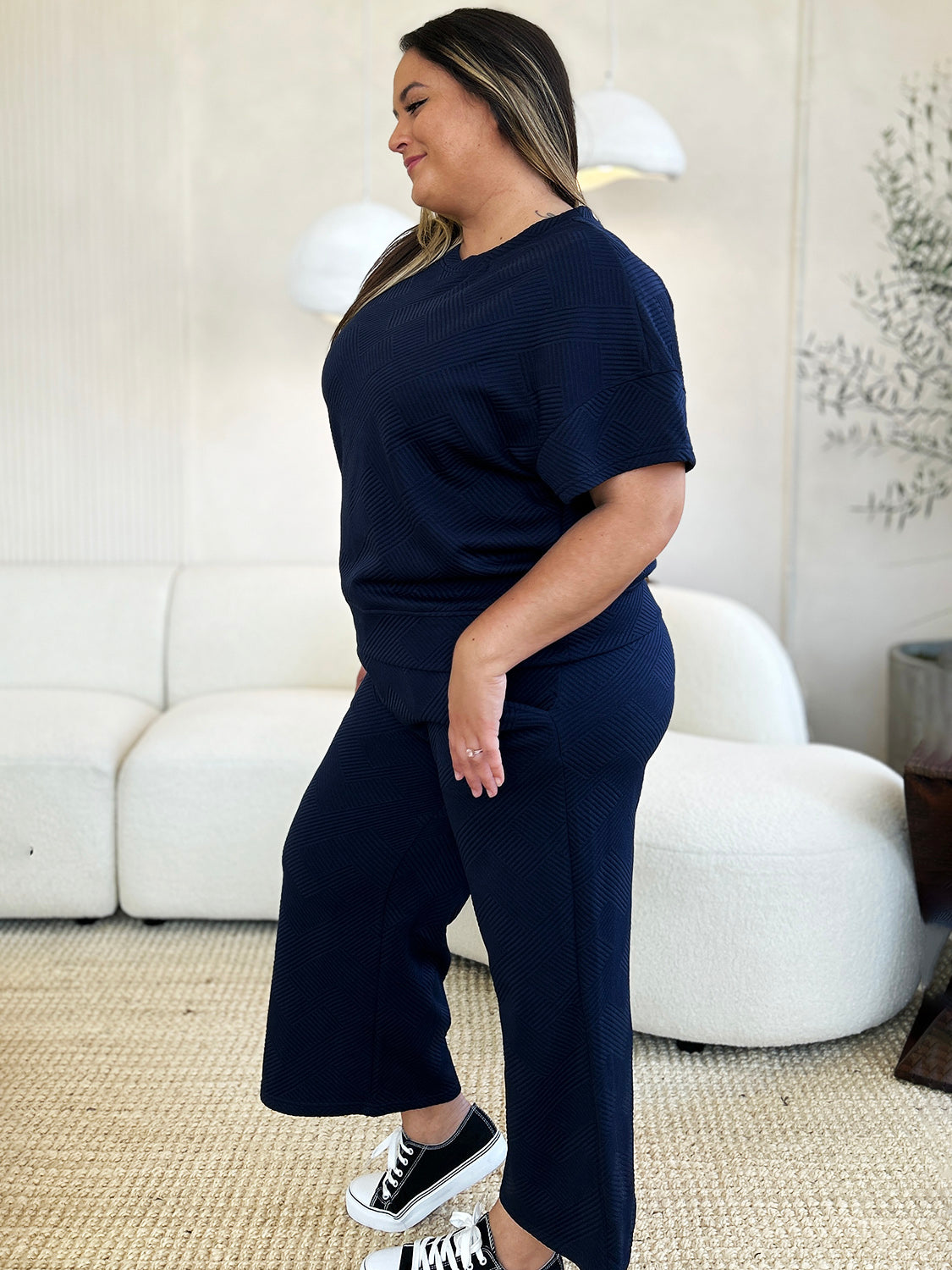 Double Take Full Size Texture Short Sleeve Top and Pants Set | Maekery Studio