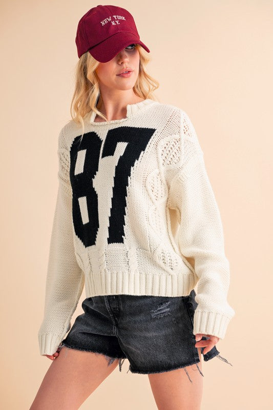 Aemi+Co Contrast Number Cable Knit Drop Shoulder Sweater | Maekery Studio