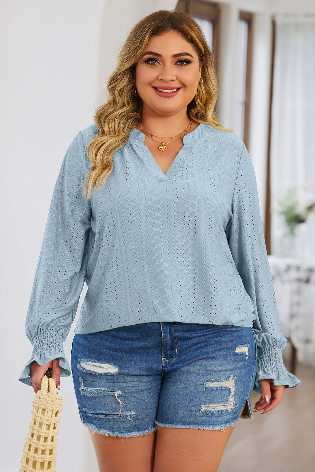 Plus Size Eyelet Notched Flounce Sleeve Blouse | Maekery Studio