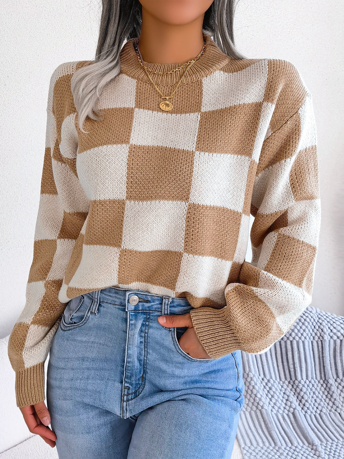 Checkered Mock Neck Long Sleeve Sweater | Maekery Studio