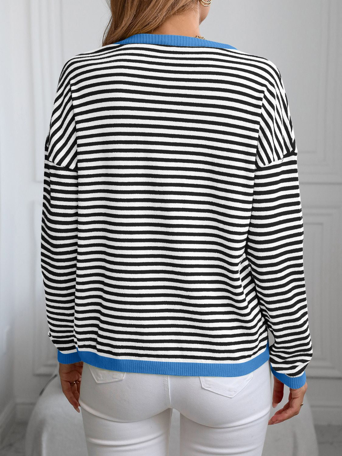 Contrast Trim Striped V-Neck Long Sleeve Knit Top | Maekery Studio