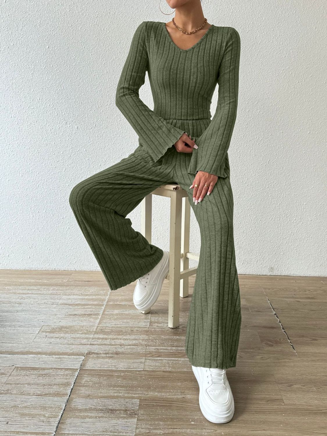 Ribbed V-Neck Long Sleeve Top and Pocketed Pants Set | Maekery Studio