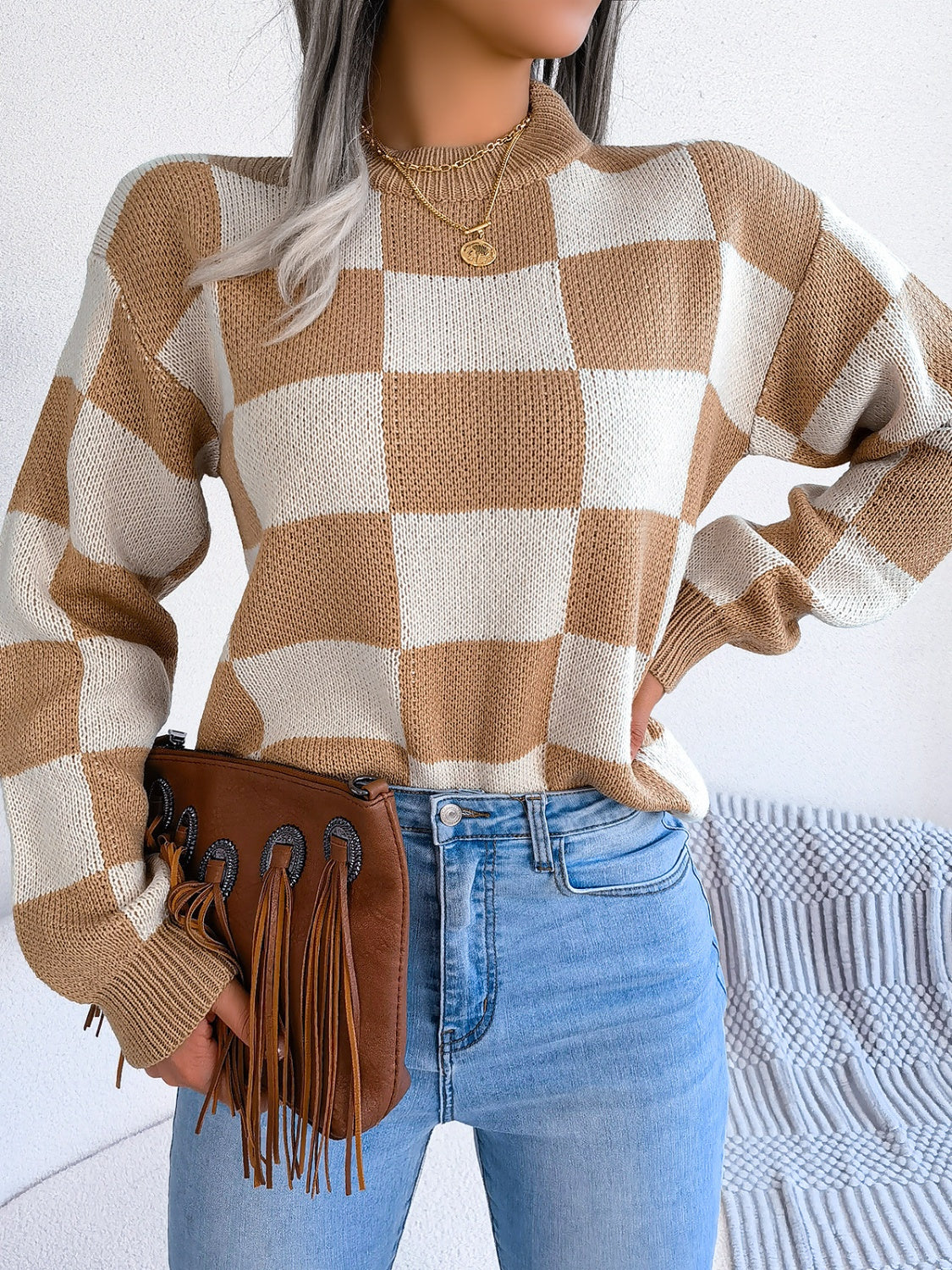 Checkered Mock Neck Long Sleeve Sweater | Maekery Studio