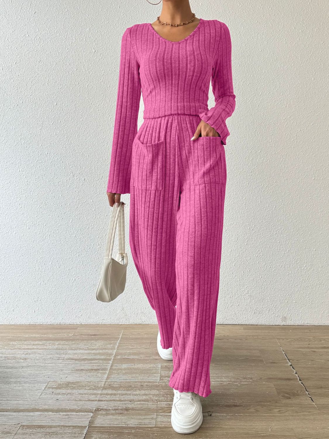 Ribbed V-Neck Long Sleeve Top and Pocketed Pants Set | Maekery Studio