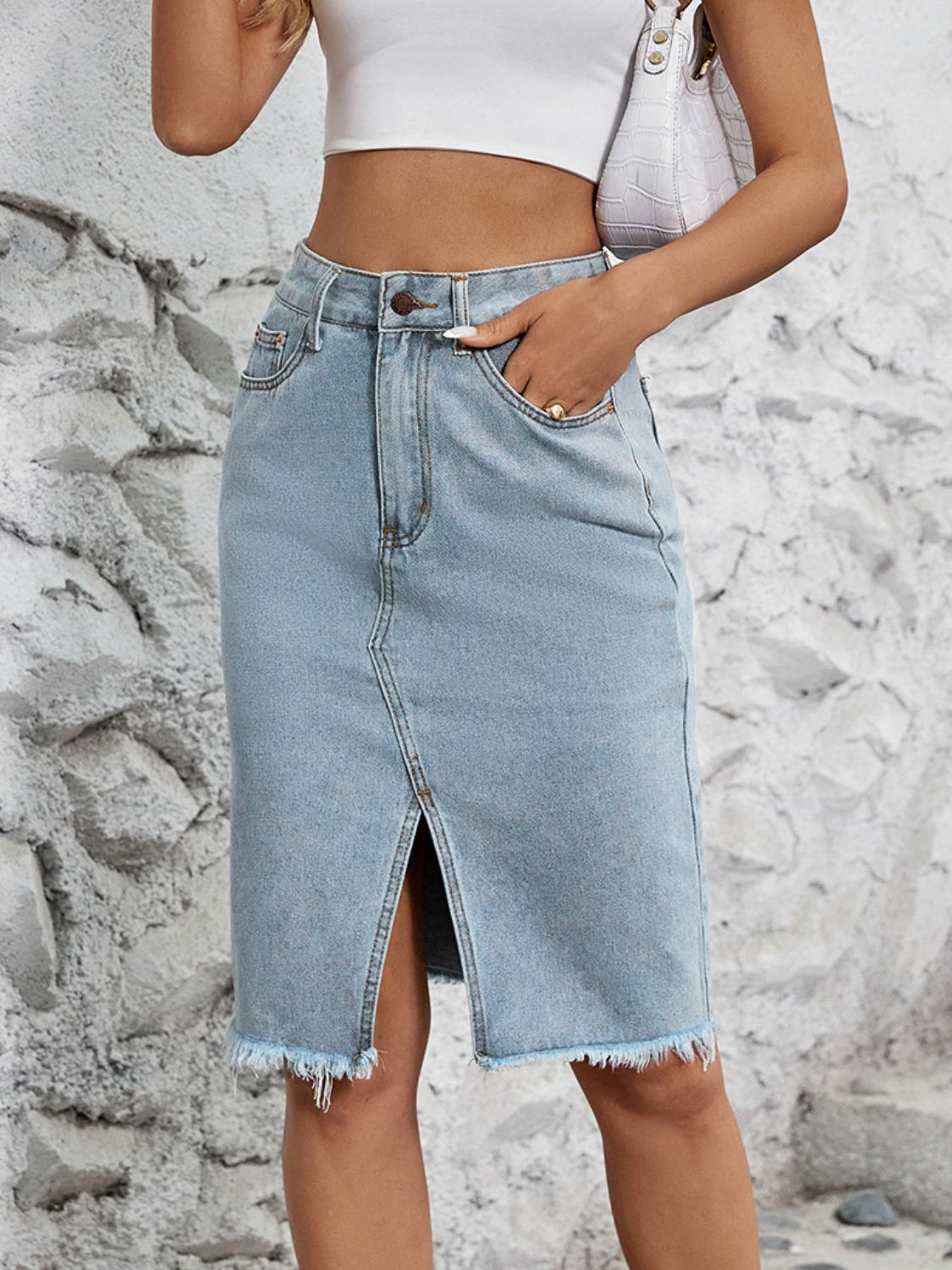 Raw Hem Slit Denim Skirt | Maekery Studio