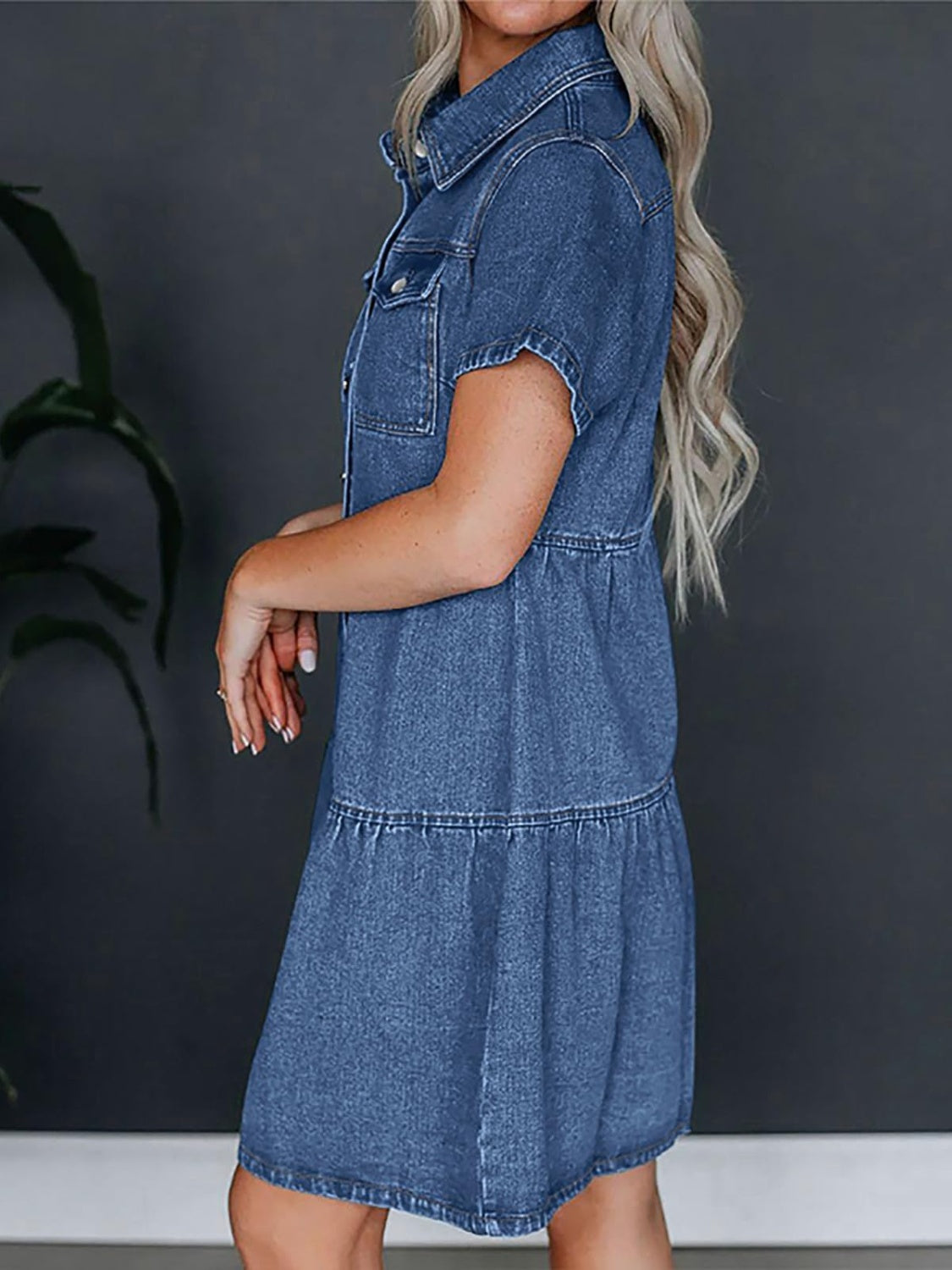 Pocketed Button Up Collared Neck Short Sleeve Denim Dress | Maekery Studio