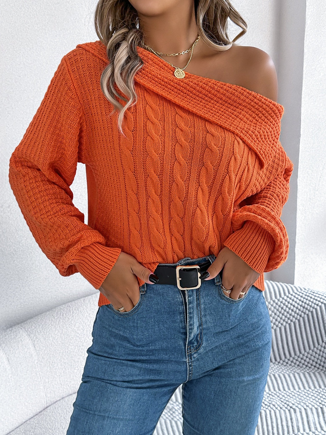 Cable-Knit One Shoulder Long Sleeve Sweater | Maekery Studio