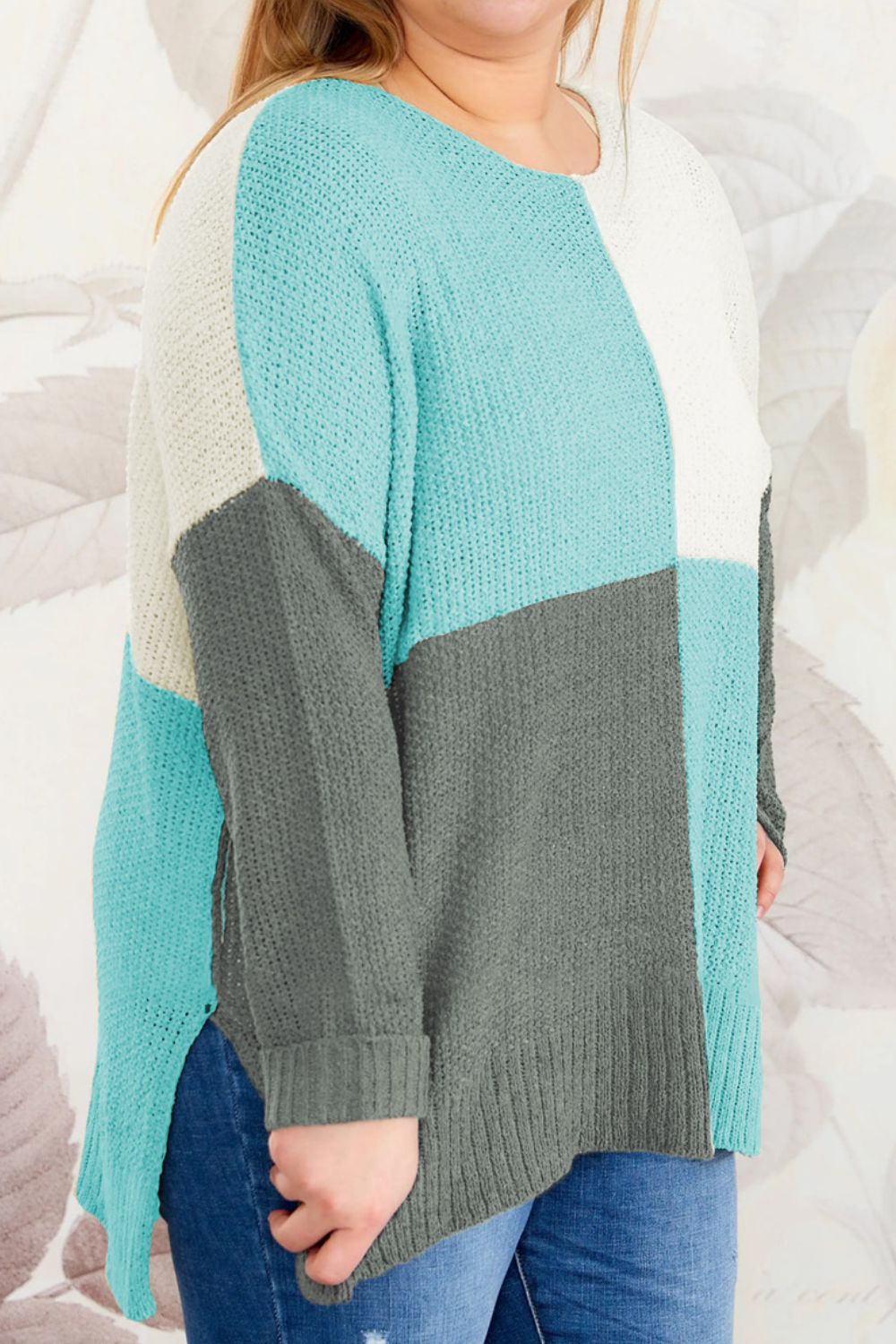 Plus Size Color Block Round Neck Sweater | Maekery Studio