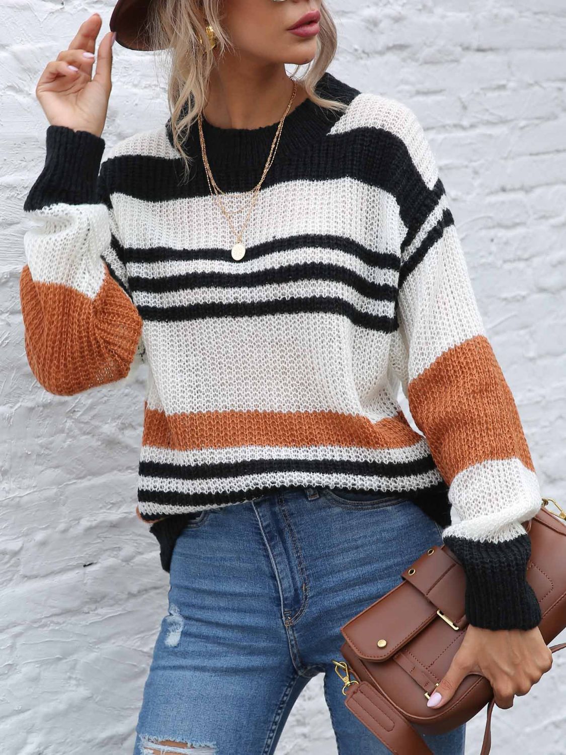 Contrast Striped Round Neck Long Sleeve Sweater | Maekery Studio