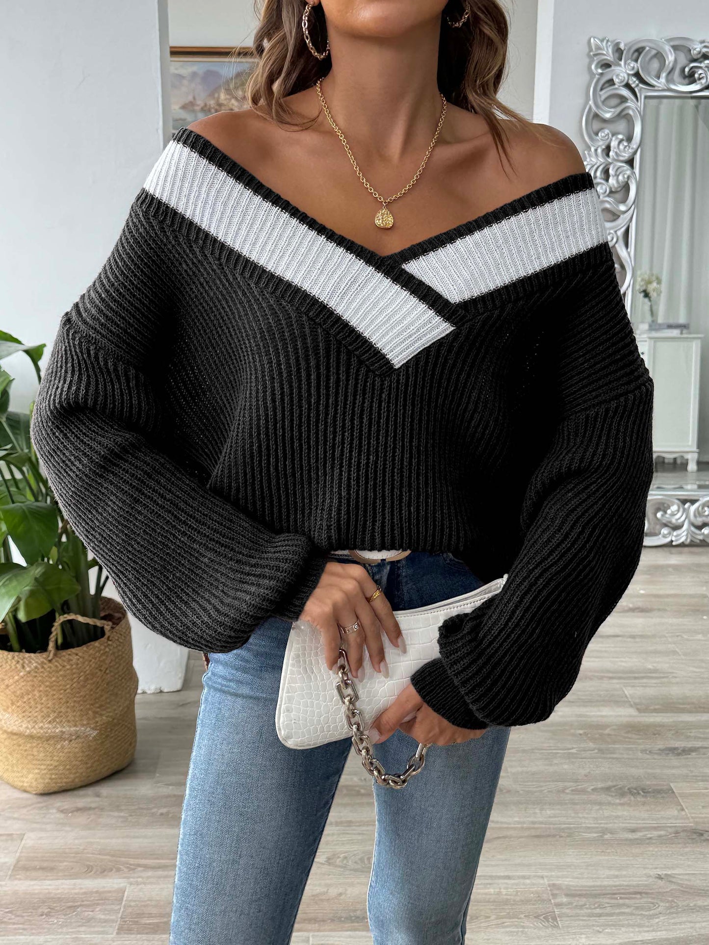 Contrast Dropped Shoulder Long Sleeve Sweater | Maekery Studio