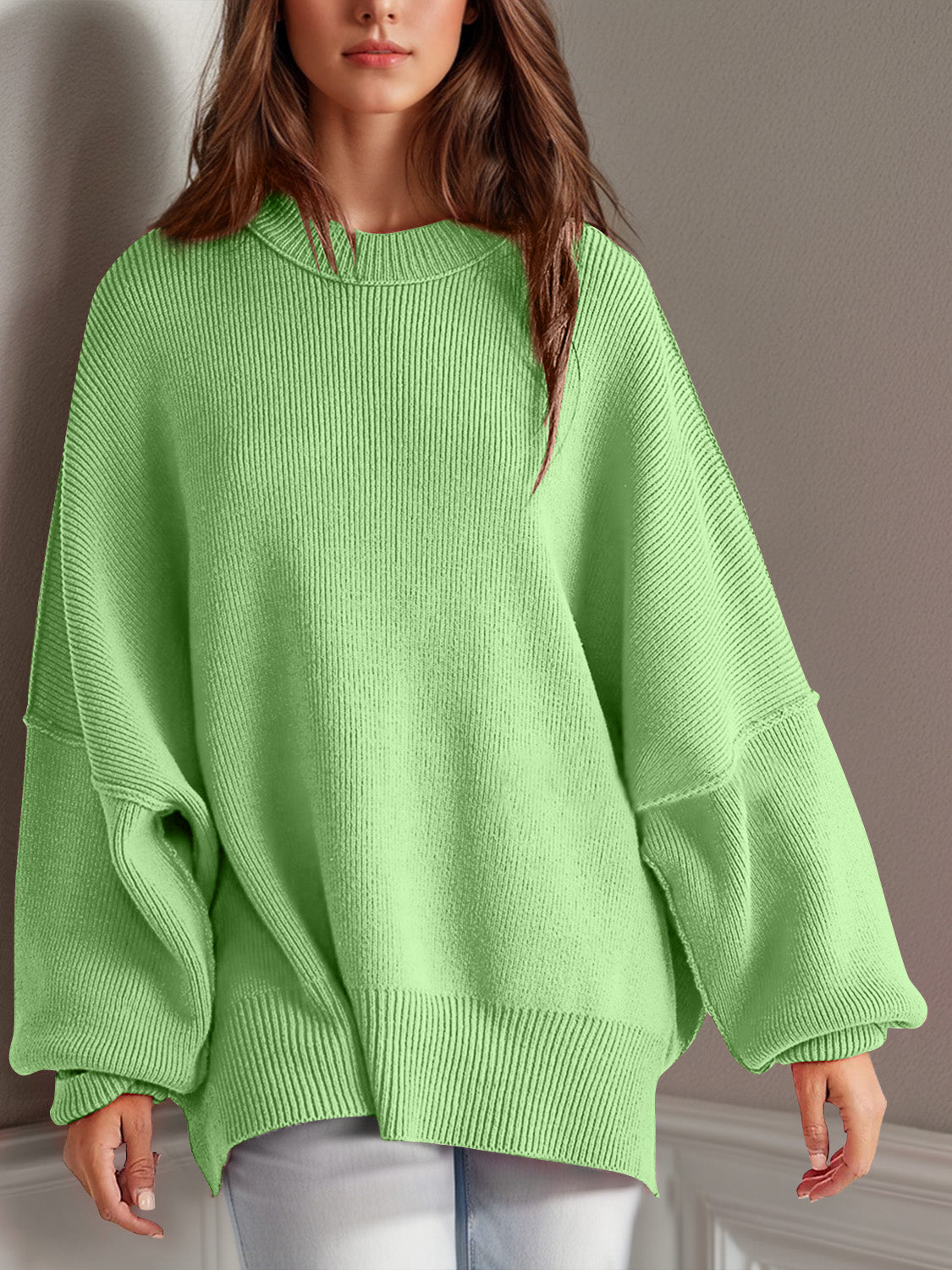 Double Take Side Slit Round Neck Long Sleeve Sweater | Maekery Studio