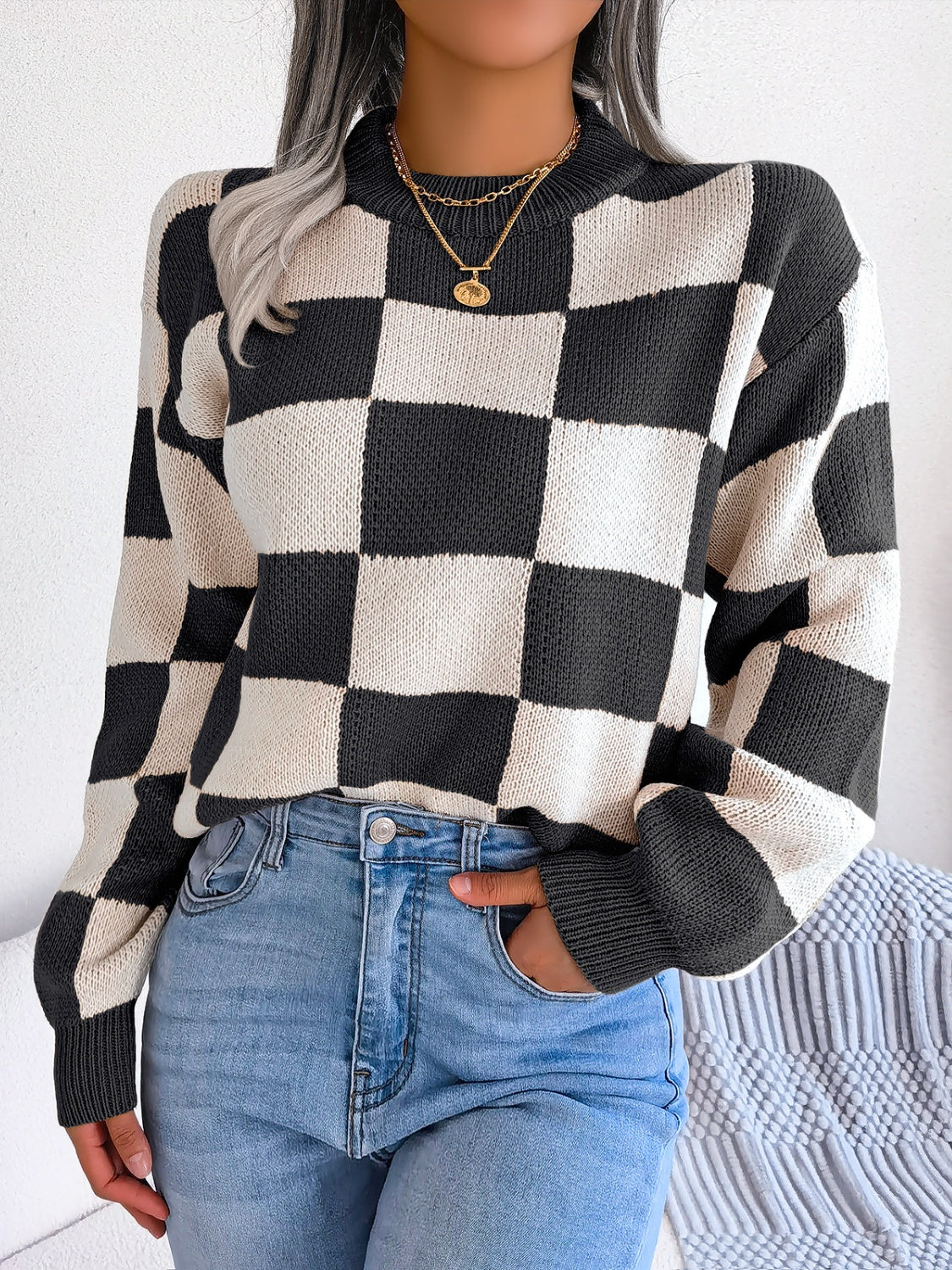 Checkered Mock Neck Long Sleeve Sweater | Maekery Studio