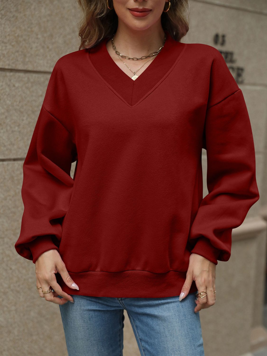 V-Neck Long Sleeve Dropped Shoulder Sweatshirt | Maekery Studio