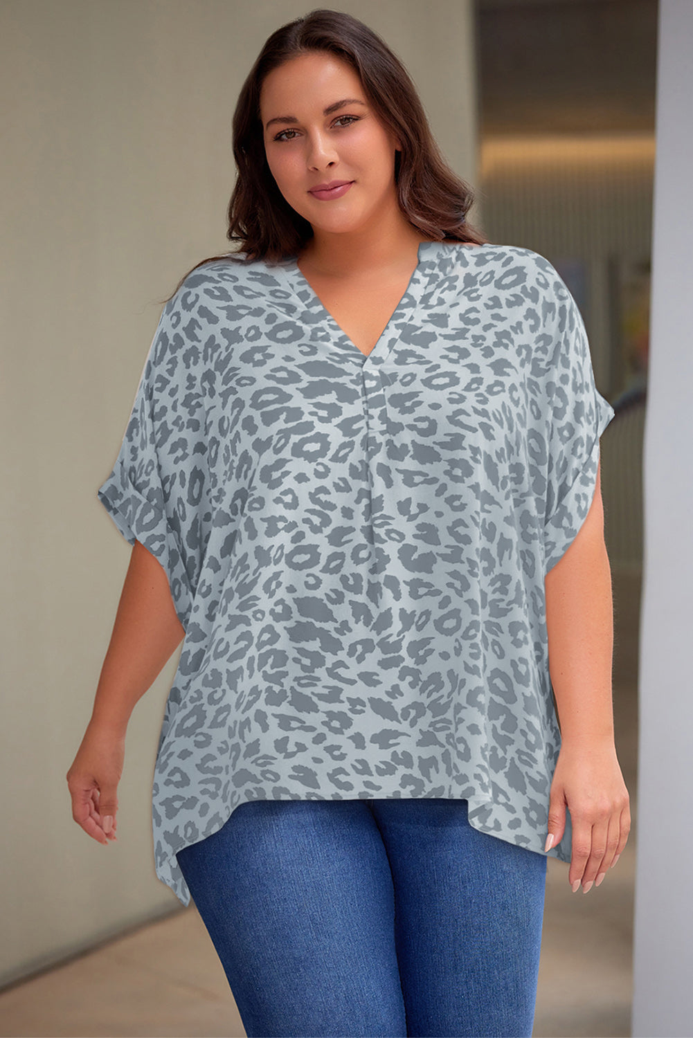 Plus Size Printed Notched Neck Half Sleeve Top | Maekery Studio