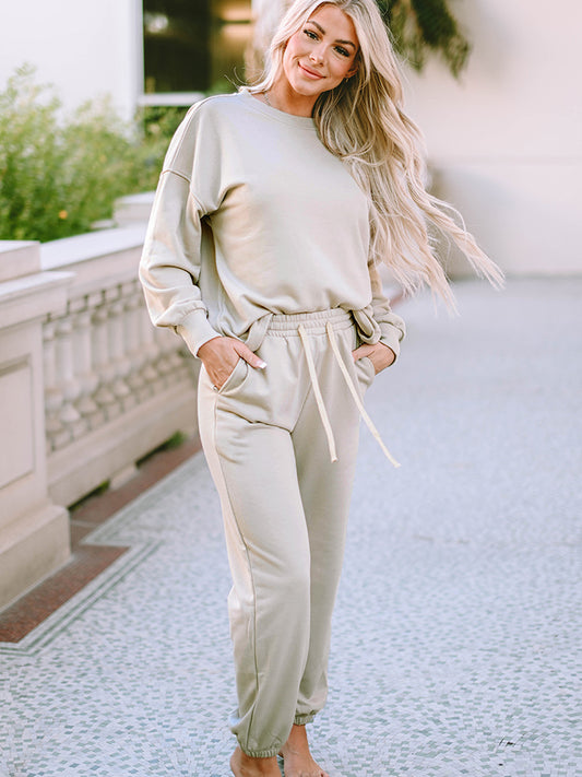 Round Neck Dropped Shoulder Top and Pants Lounge Set | Maekery Studio